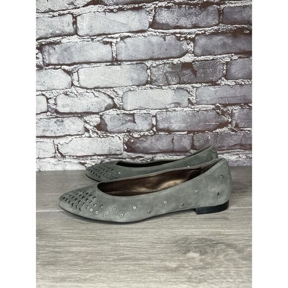 AGL Grommet Gray Suede Leather Studded Pointed Toe Flats Women’s Sz 38EU/7.5M US - Picture 1 of 16